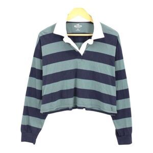 Hollister  greens and navy striped polo shirt cropped fit Women’s Medium